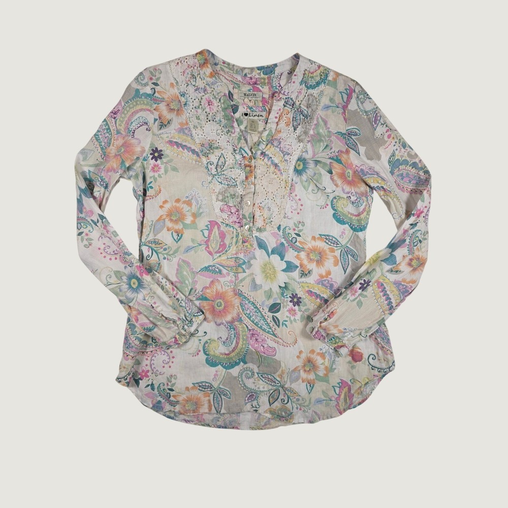 Malvin Linen Floral Paisley Eyelet Lace Tunic Top Medium Multicolor Boho Coastal